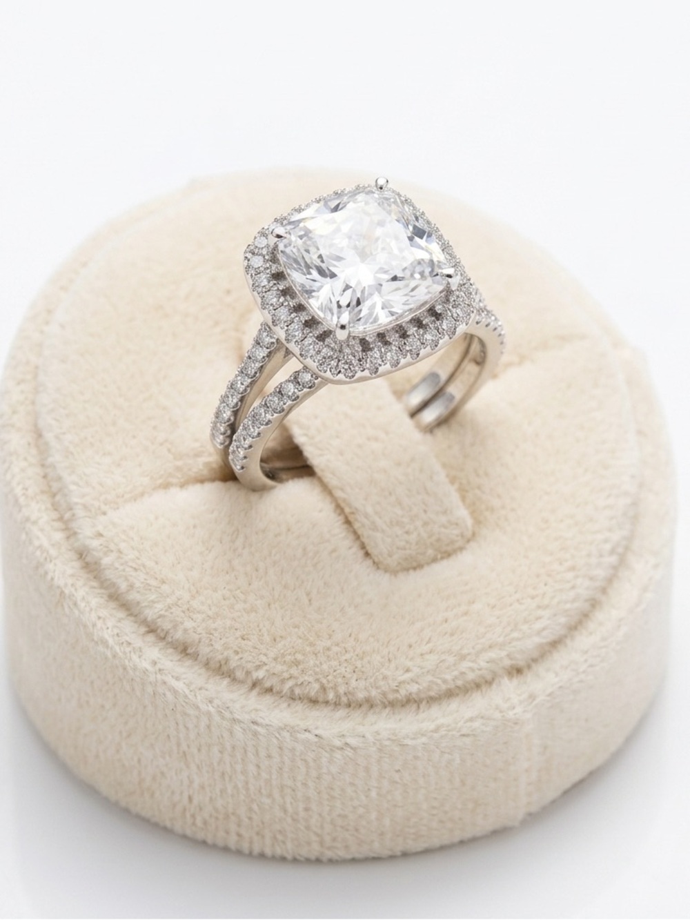 New 3.2 CT Cushion Cut Halo White Sapphire 14k White Gold Plated Bridal Ring Set